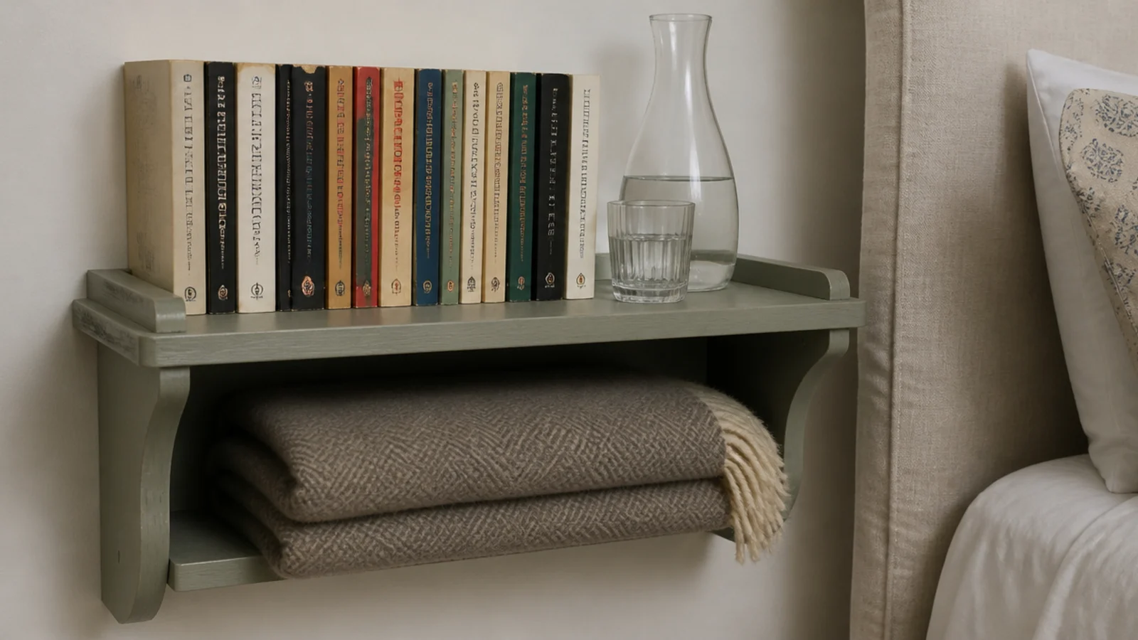 small guest room shelf holding short reads and a folded throw