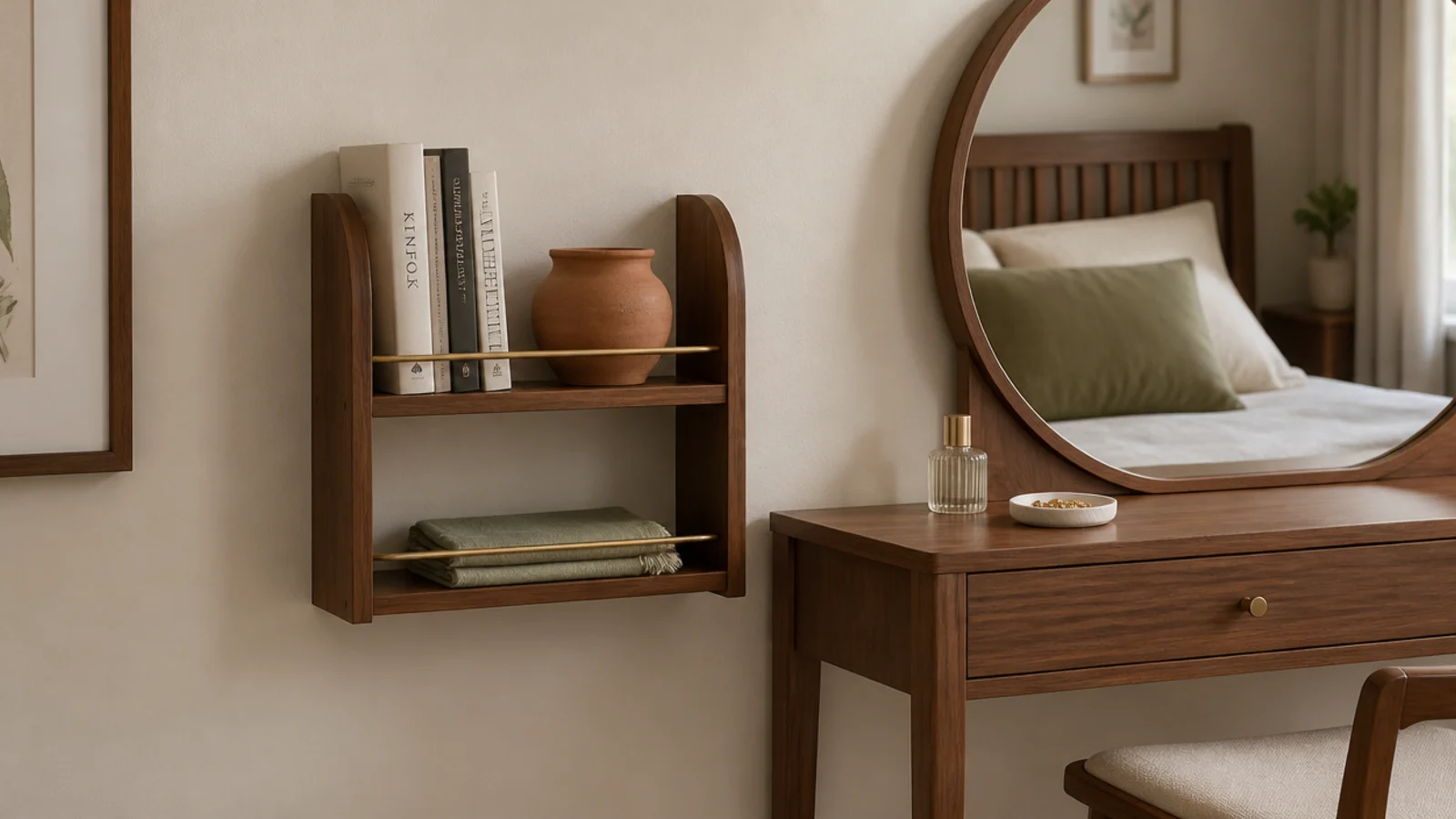 narrow shelf beside a bedroom dressing table holding a few books