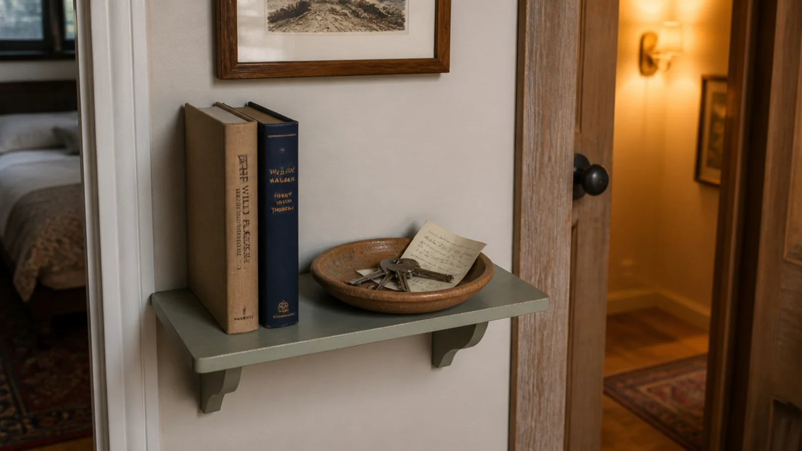 small shelf beside a bedroom door holding keys books and a tray