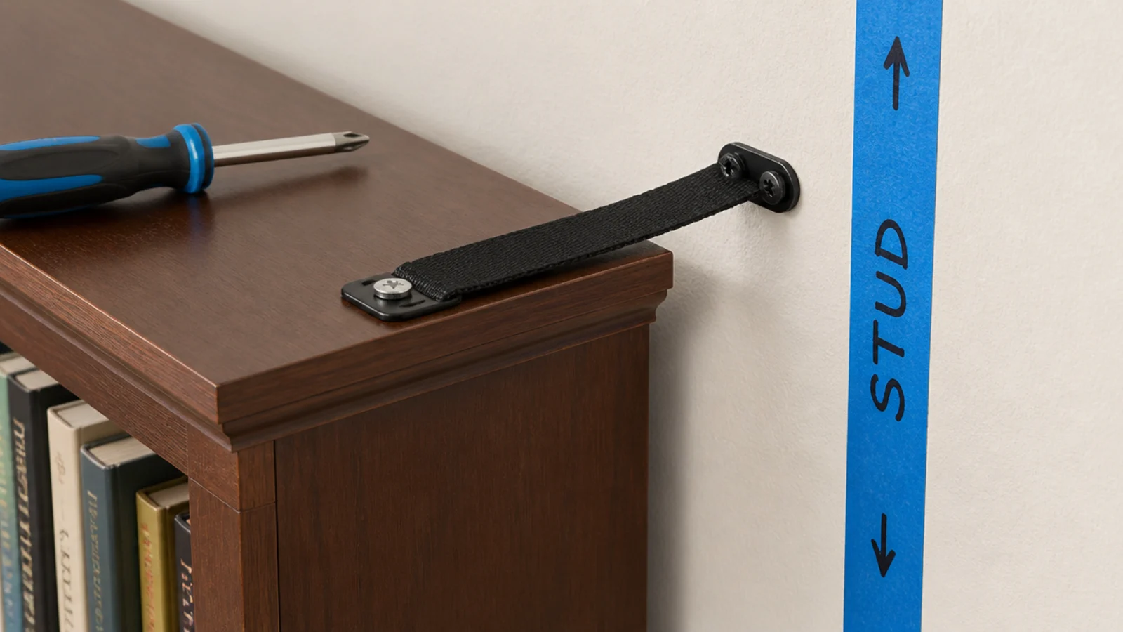 anti-tip strap fixed from a bedroom bookcase into a wall stud
