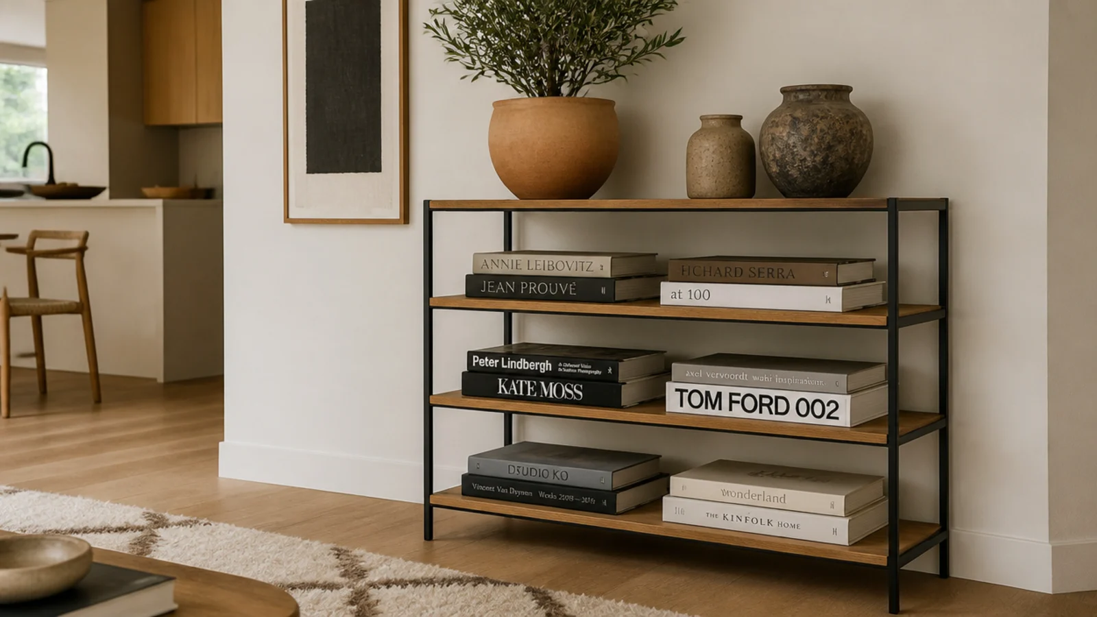 slim black steel frame tower with solid oak boards holding heavy books