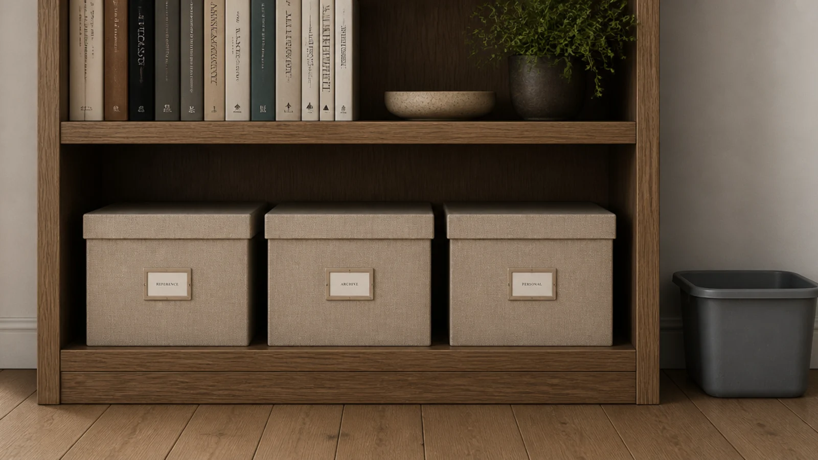 linen covered boxes replacing plastic bins on the lower shelves of a case