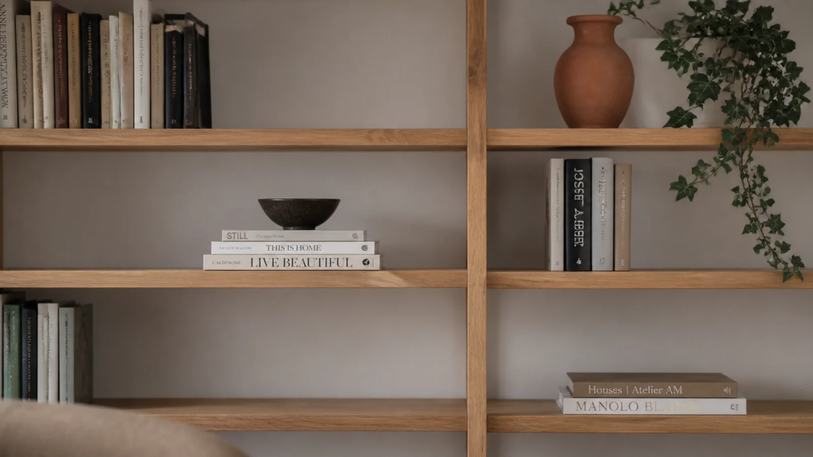 calm restyled bookshelf representing the lessons from twenty makeovers