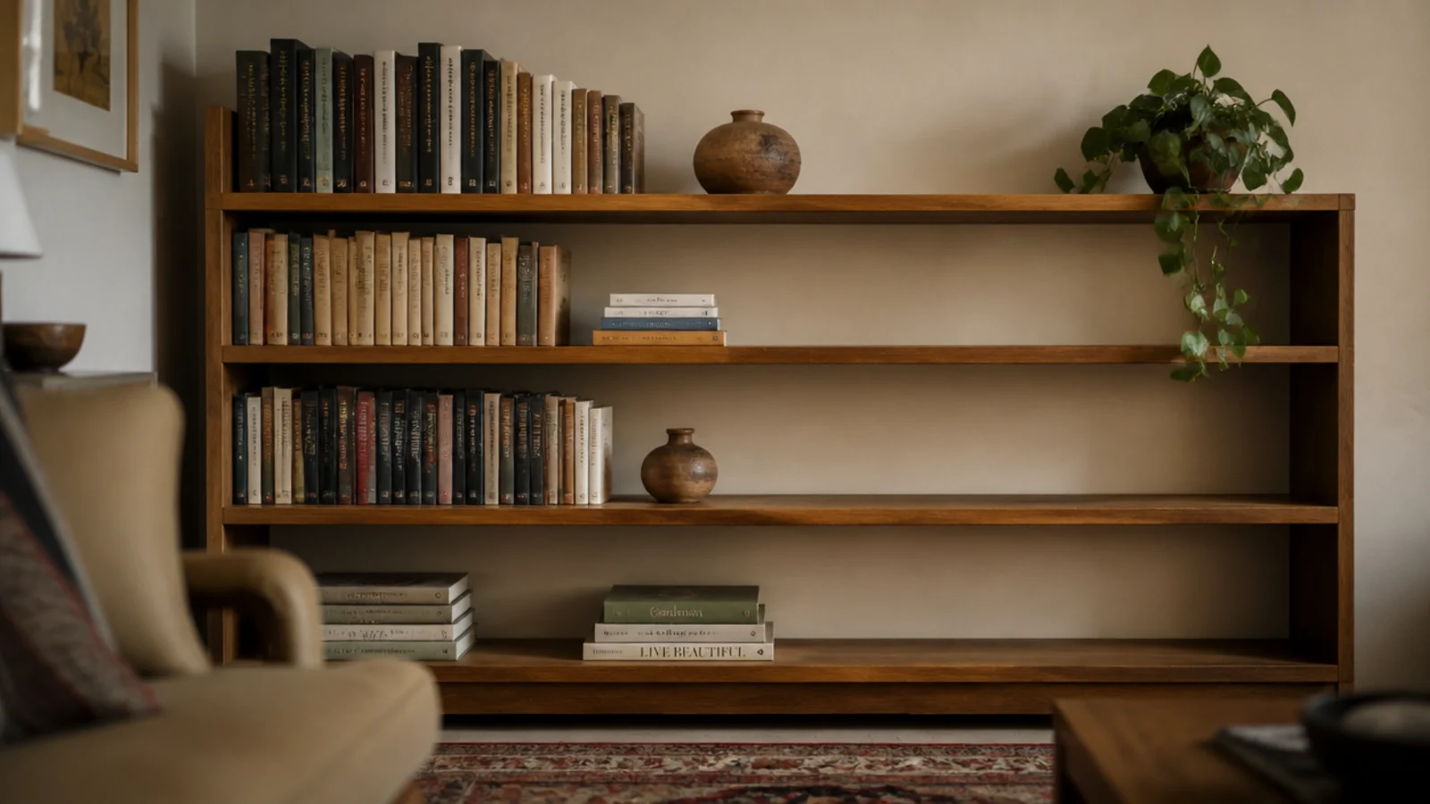 bookshelf before and after showing a crammed case restyled into calm rows