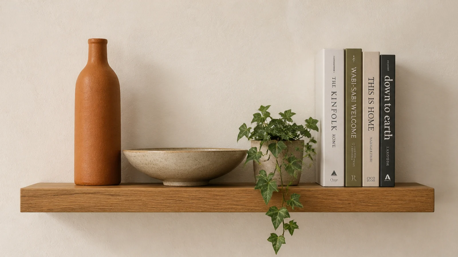 single shelf styled with three objects at clearly different heights