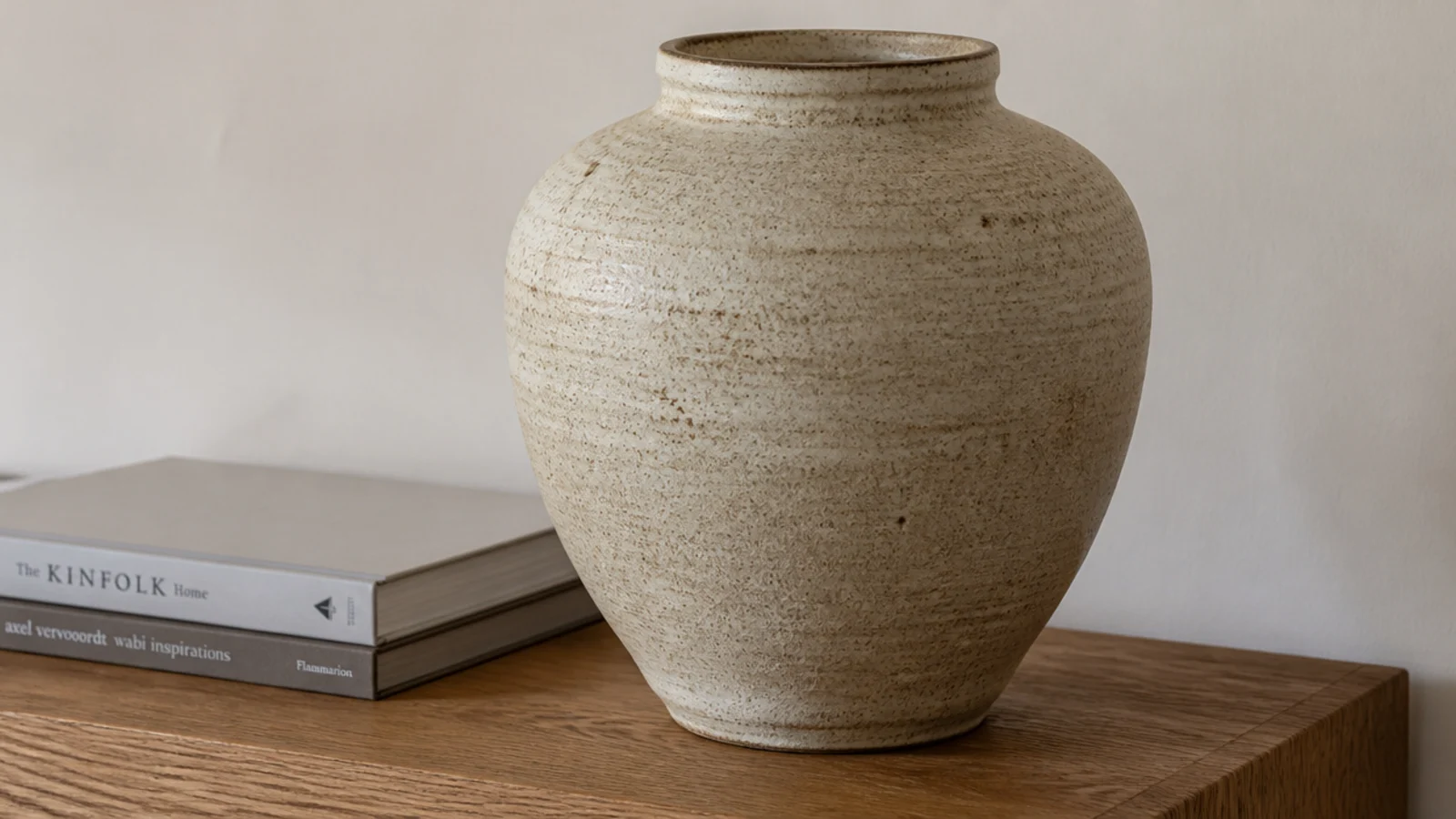 oversized stoneware vessel anchoring a styled bookcase shelf
