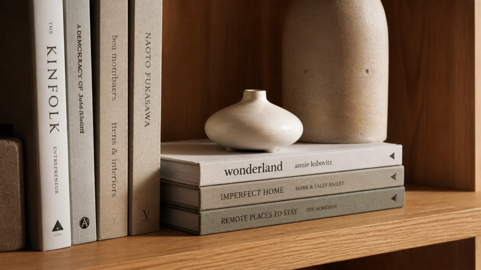 small clay object raised on three hardbacks lying flat on a shelf
