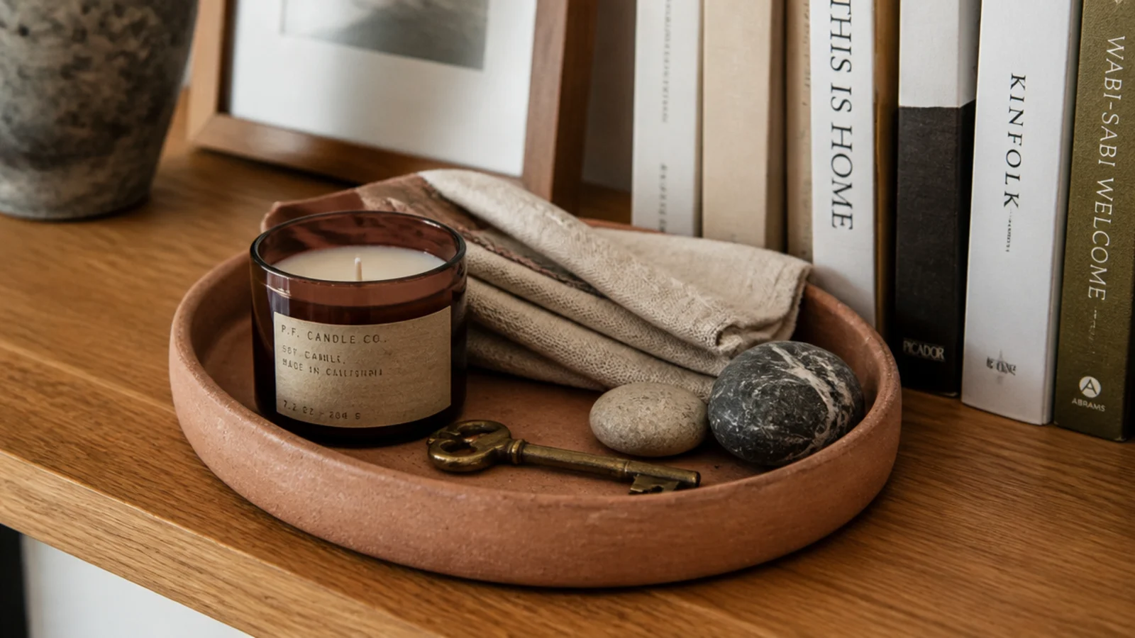small objects gathered onto a round clay tray on a bookshelf
