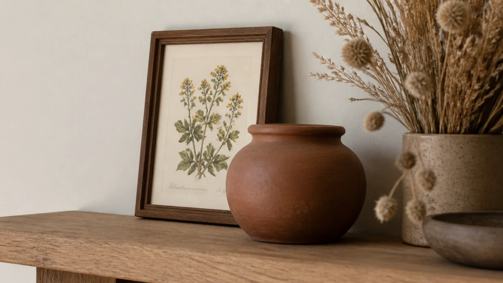 framed botanical print leaning behind pottery on a wooden bookshelf