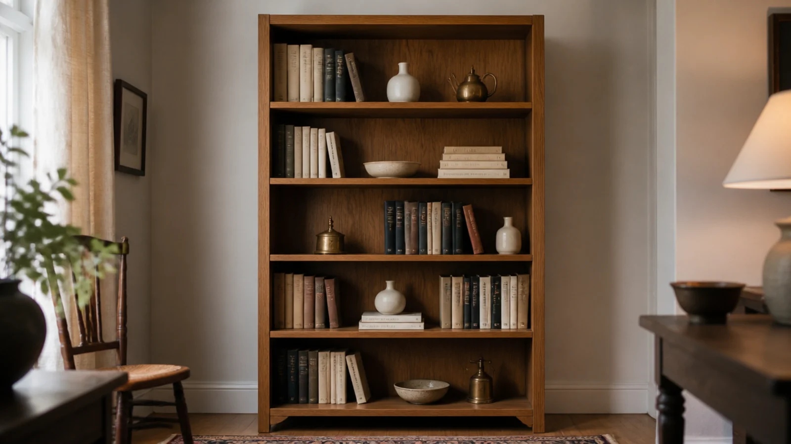 three brass pieces spaced across the shelves of a styled bookcase