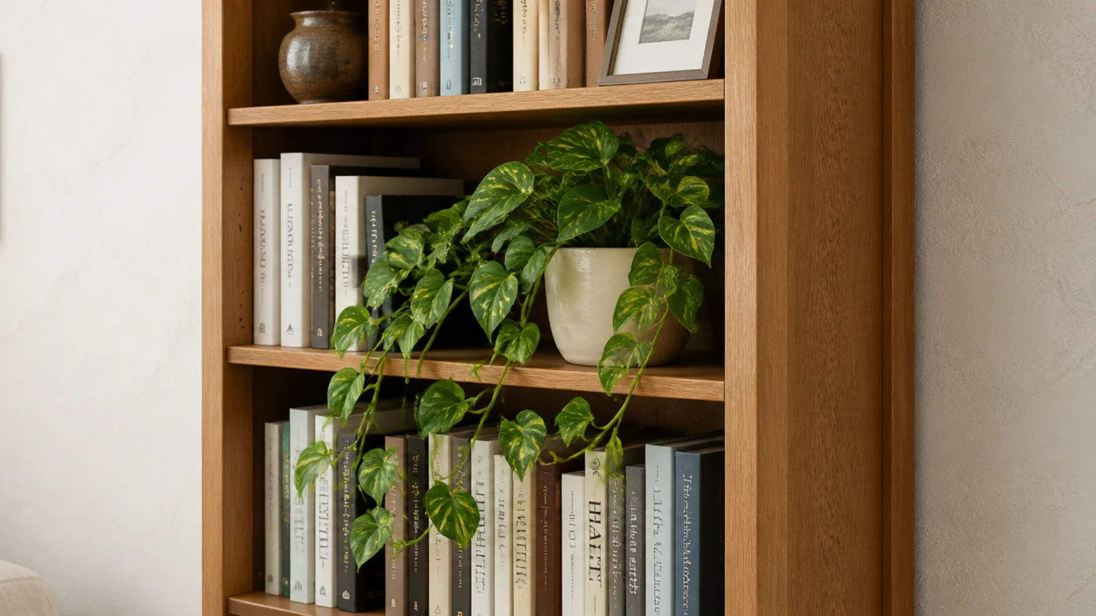 pothos trailing over the edge of an upper bookshelf across book spines