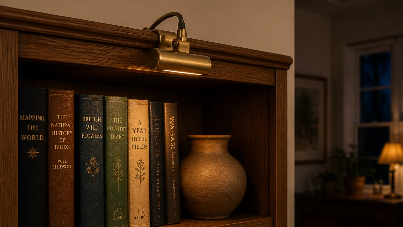 small brass clip lamp lighting the top shelf of a wooden bookcase