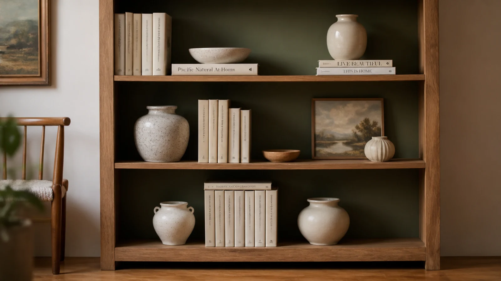 bookcase with a deep sage painted back panel behind pale objects