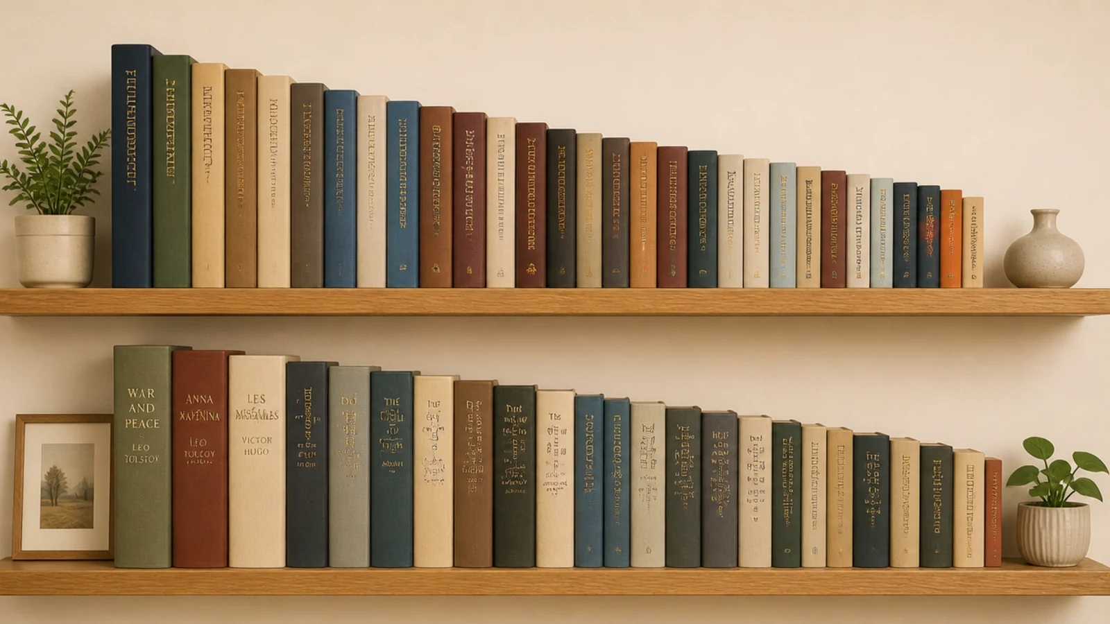 bookshelf with spines graded by height forming a calm even line