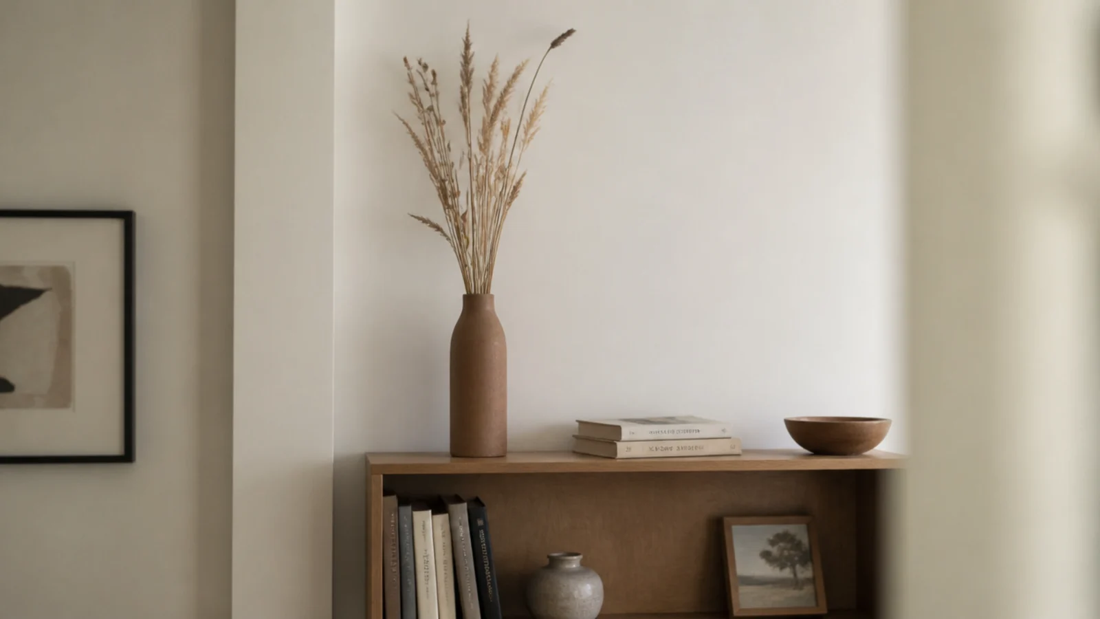 dried grasses in a tall clay vase rising above a bookshelf line