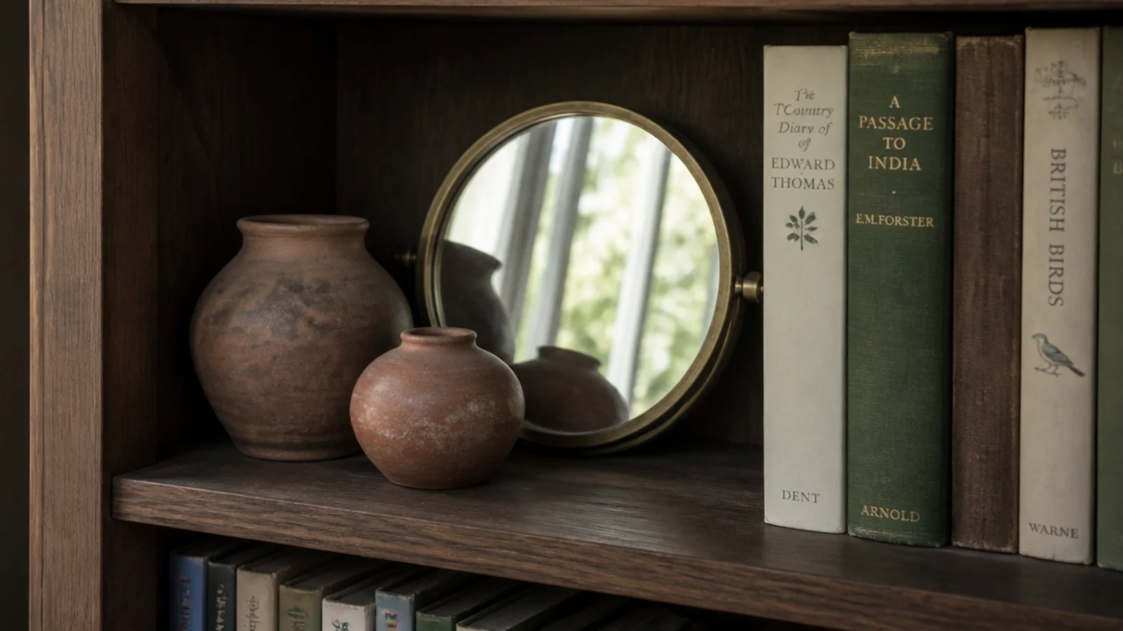 small round mirror leaning at the back of a shaded bookcase shelf