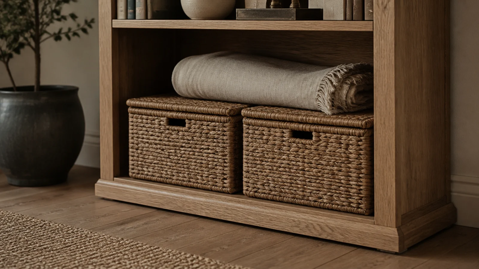 two lidded seagrass baskets filling the bottom shelf of a bookcase