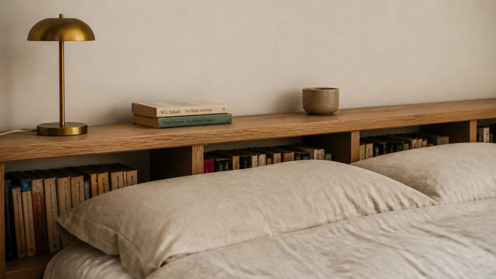 low bookshelf headboard behind a bed holding paperbacks and a lamp