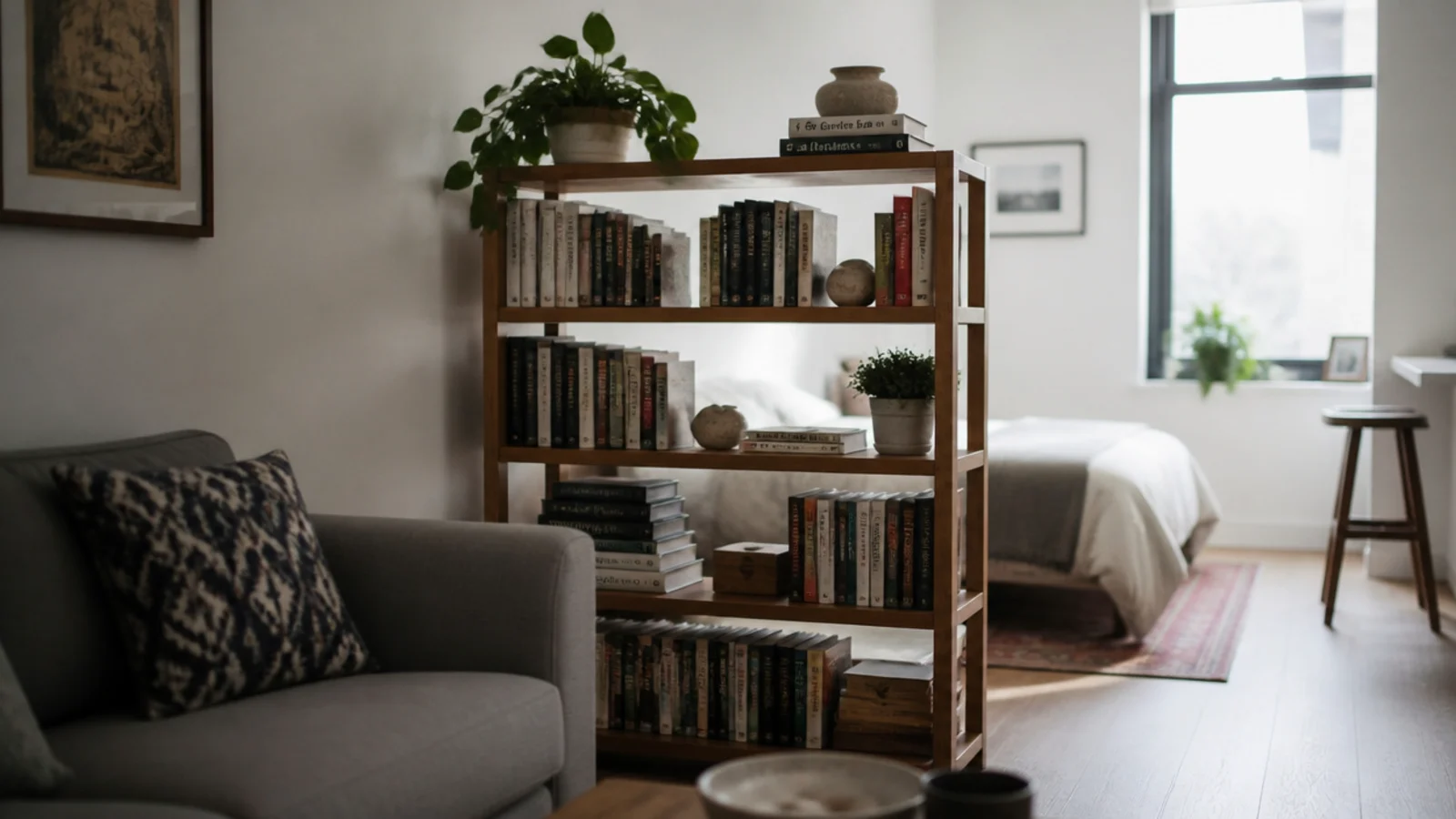 open backed bookcase dividing a studio into sleeping and living zones