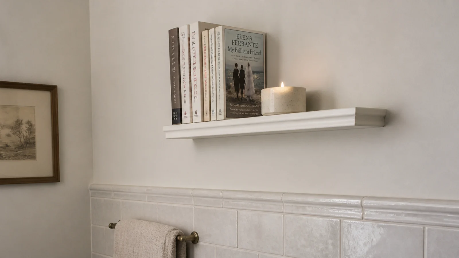 narrow ledge of paperbacks high on a bathroom wall away from steam