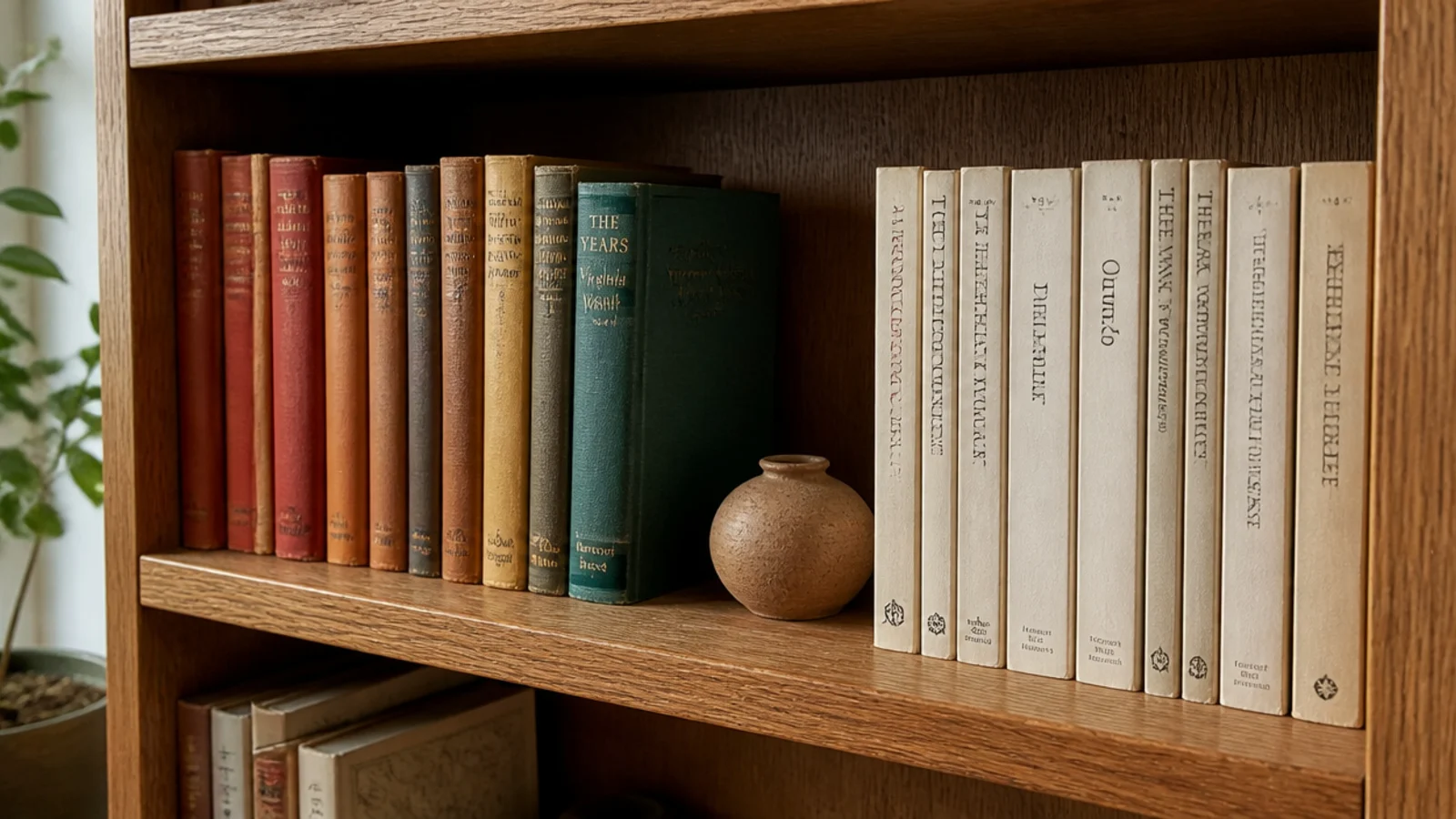 grouped bands of cookbooks and novels within a height sorted shelf