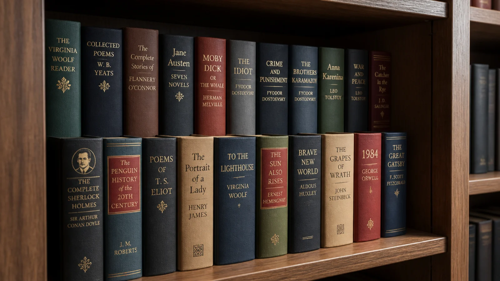back row of books raised on a narrow riser so spines stay visible
