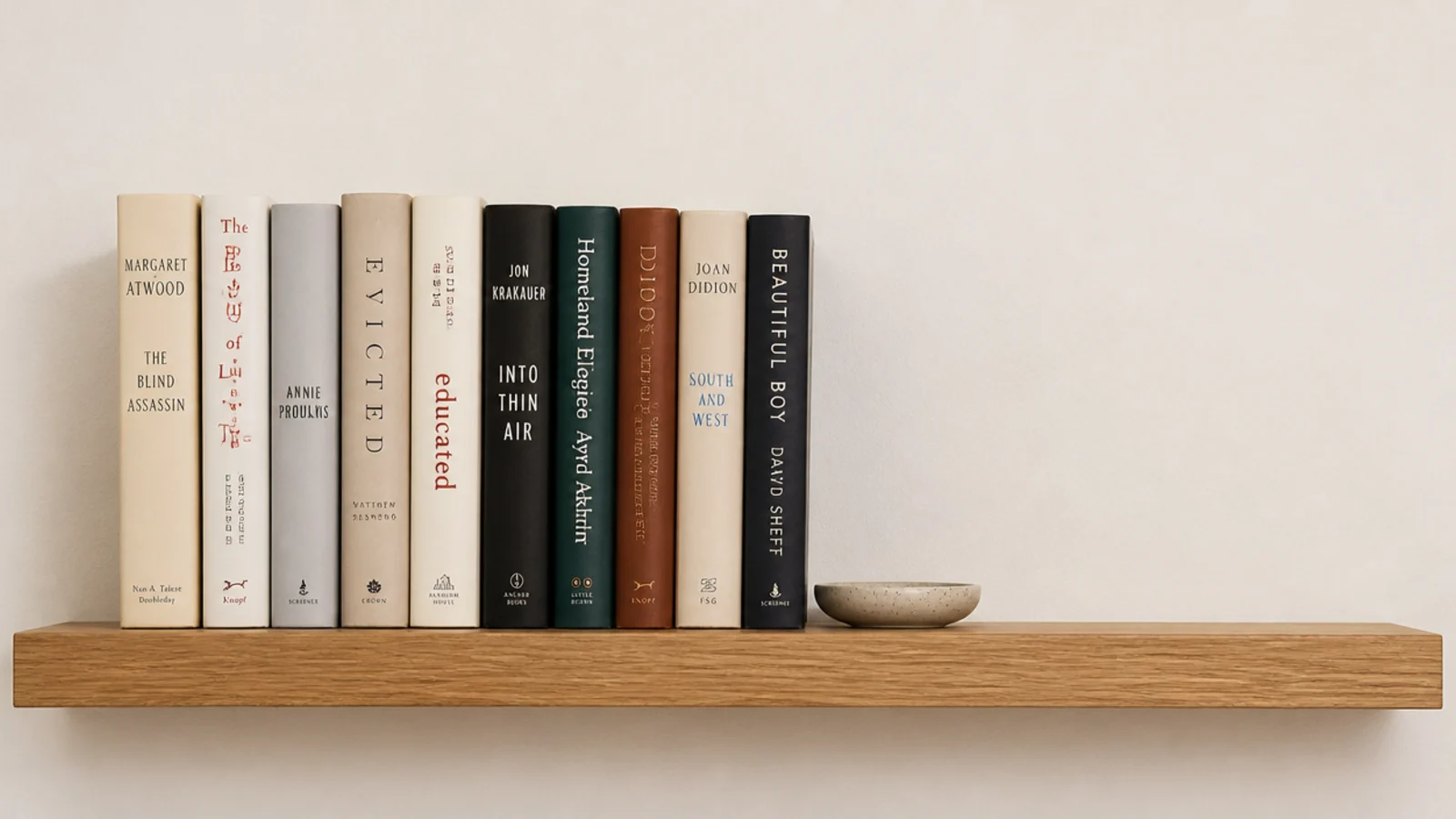 organized shelf with books at one end and a genuine clear gap