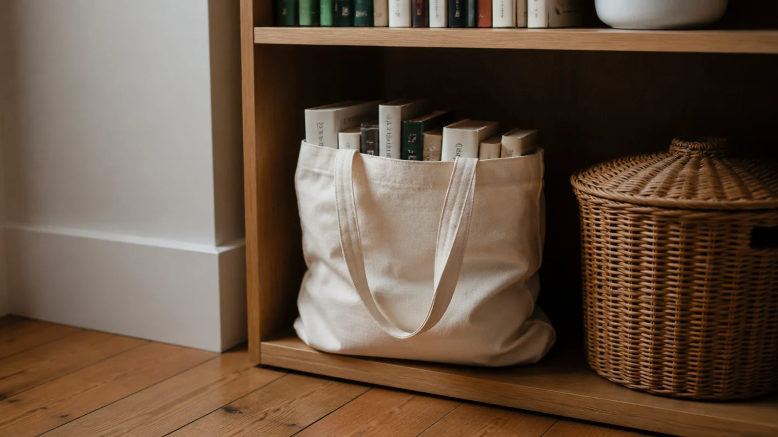 canvas tote bag of donated books tucked on the lowest shelf