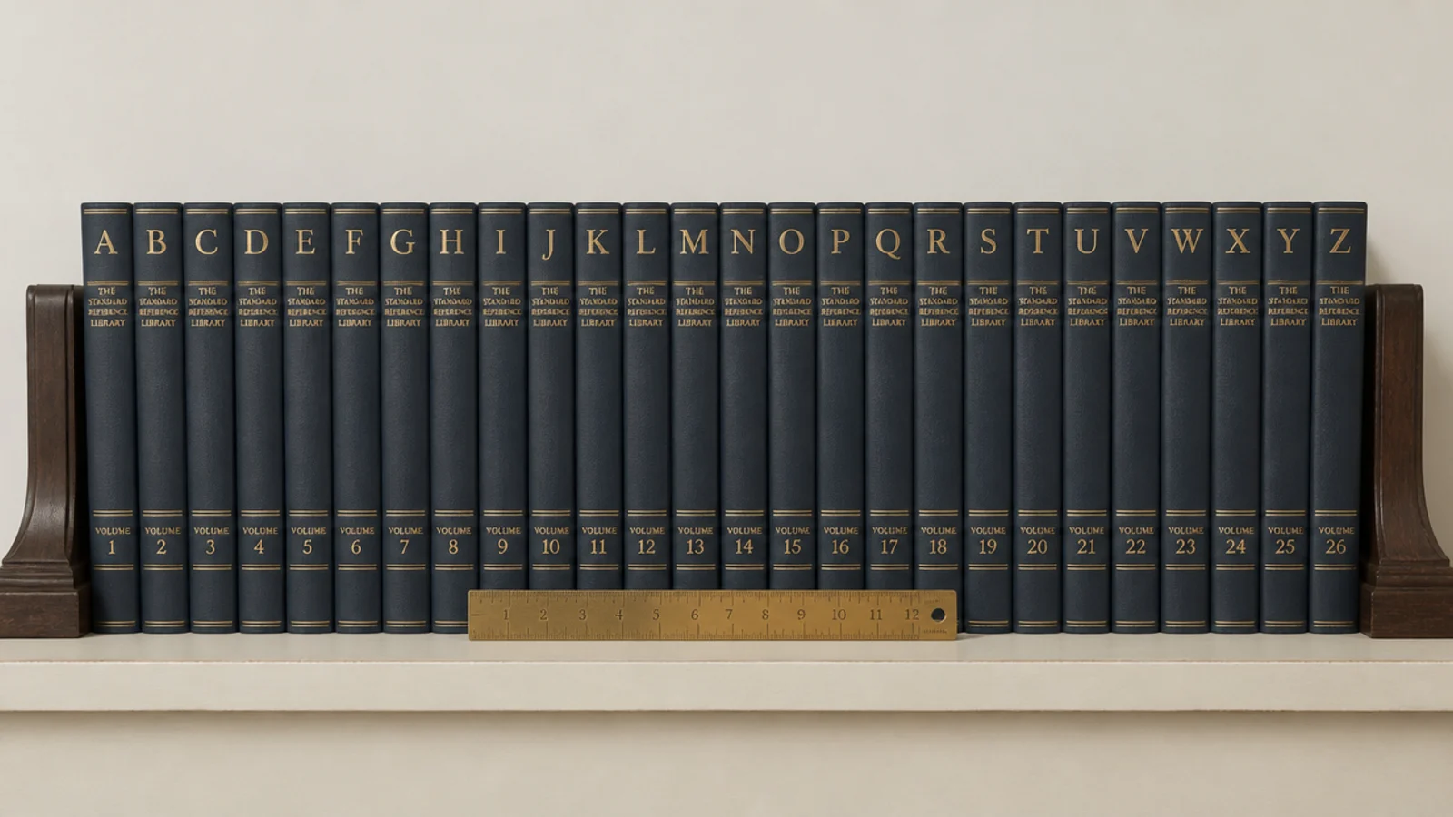 row of reference books arranged alphabetically between two bookends