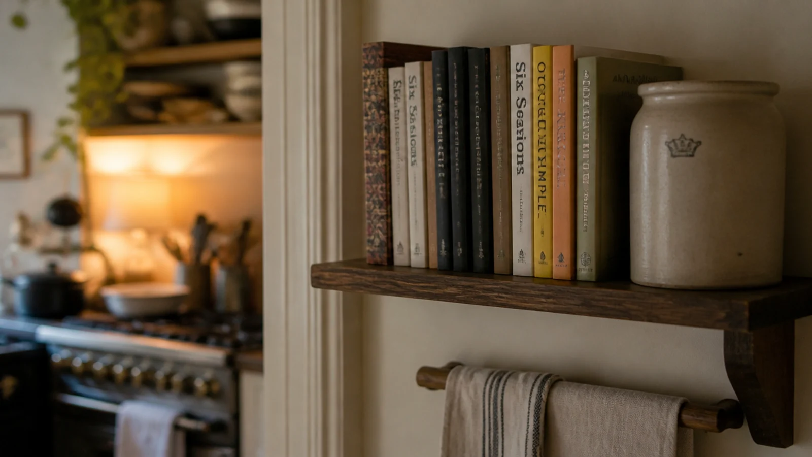 cookbook shelf beside a kitchen doorway with a stoneware crock end