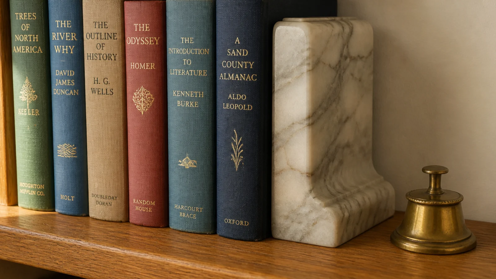 upright row of books ended by a heavy marble bookend on a shelf