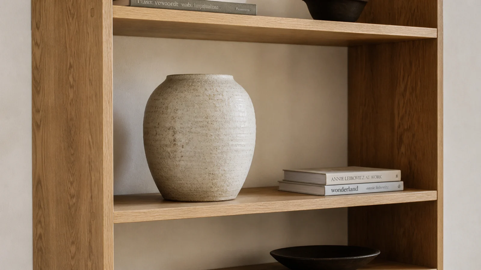 large stoneware vessel anchoring the middle shelf of a styled bookcase