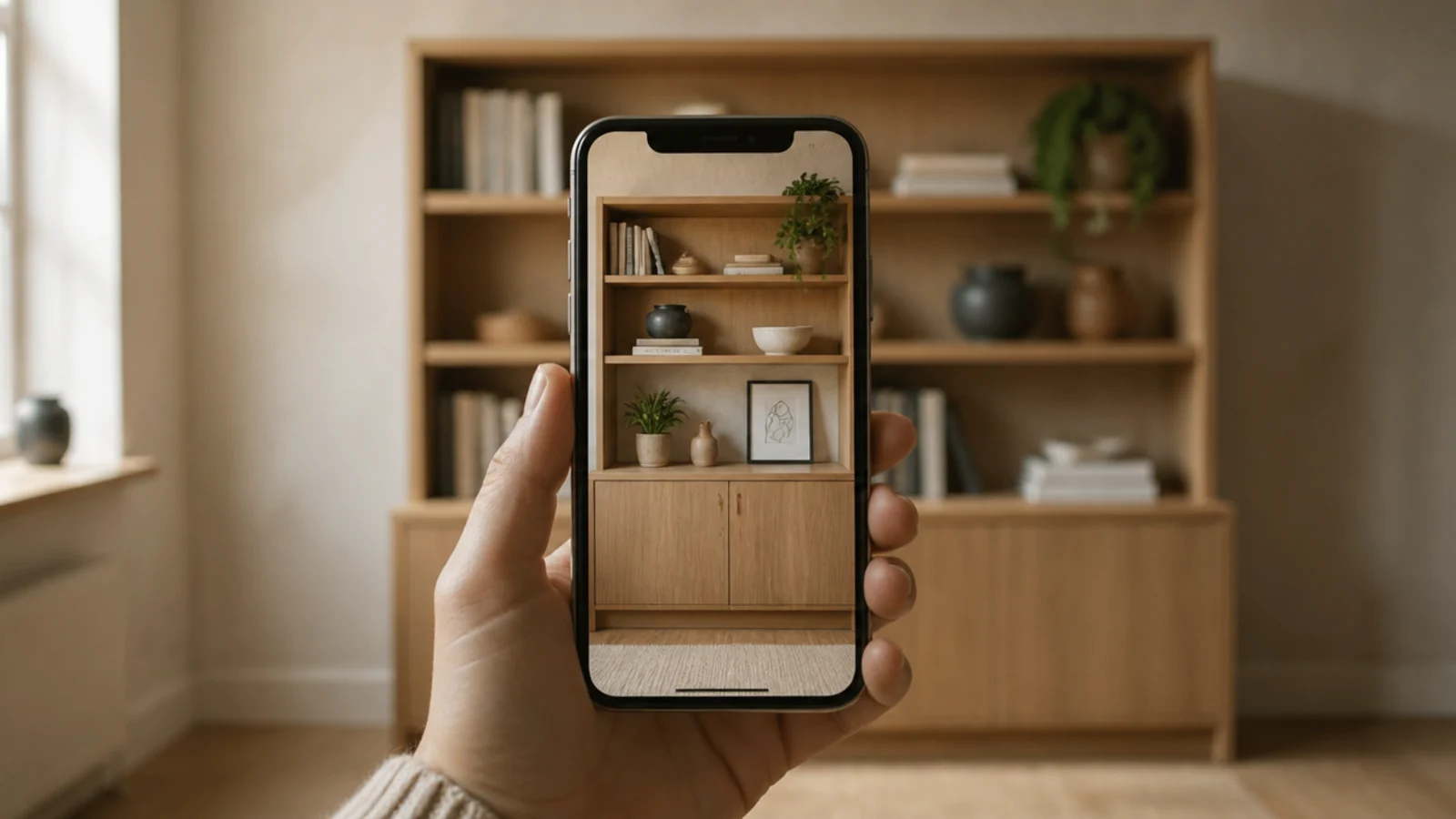 phone screen framing a freshly styled bookshelf to check the composition