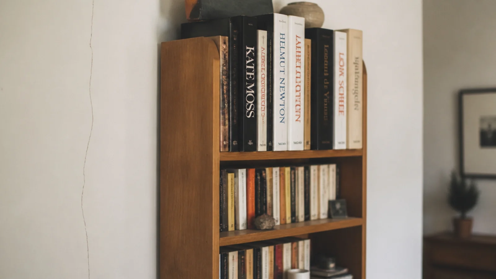 heavy art books stacked on the highest shelf of a tall bookcase