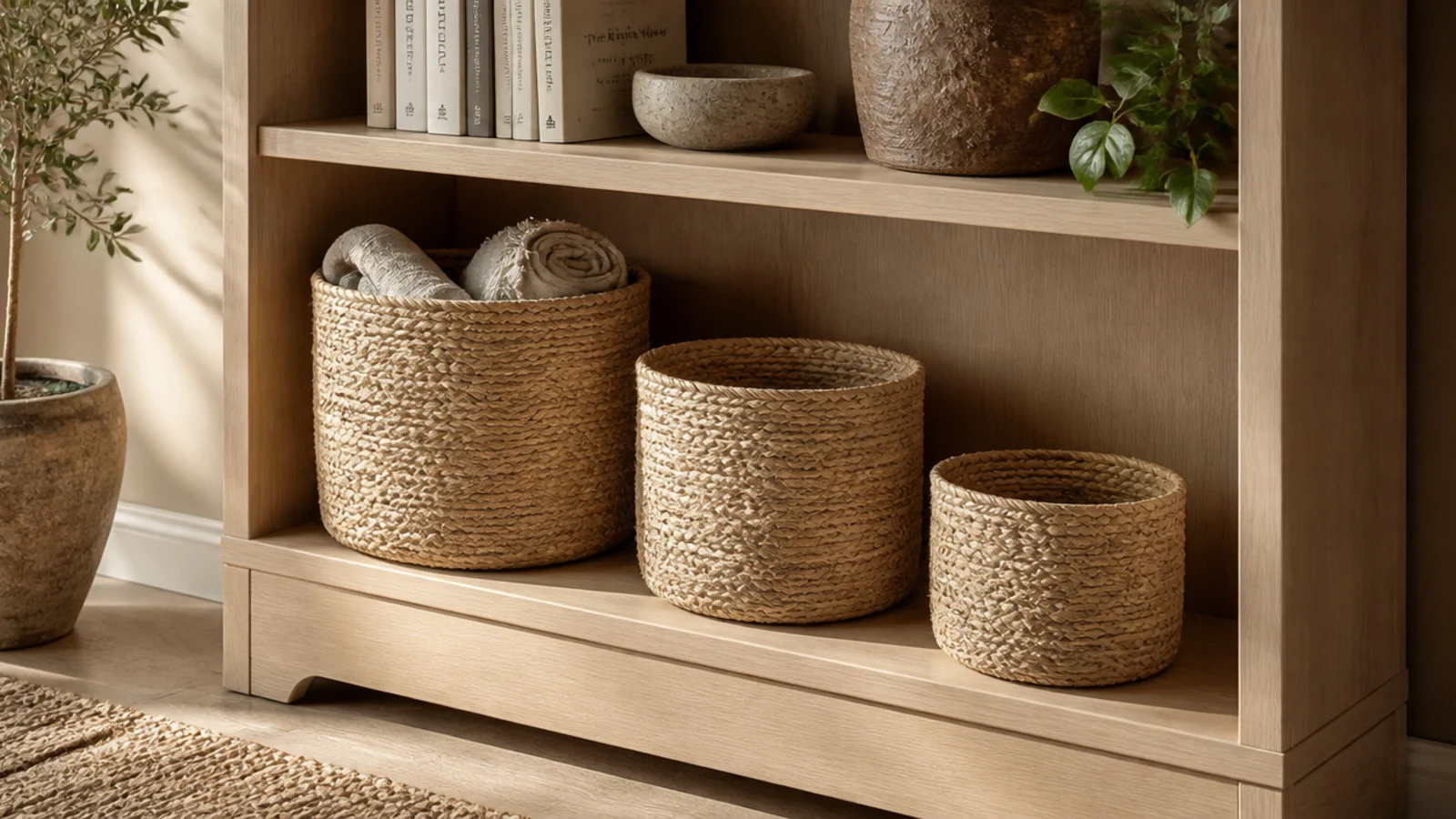 row of woven jute baskets filling the lower shelves of a small bookcase