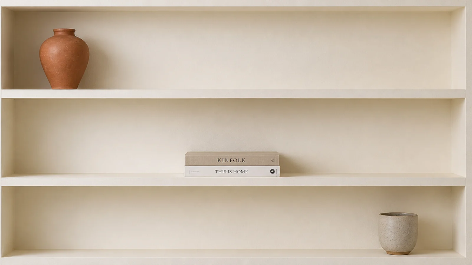 sparsely styled bookshelf with wide empty gaps between grouped objects