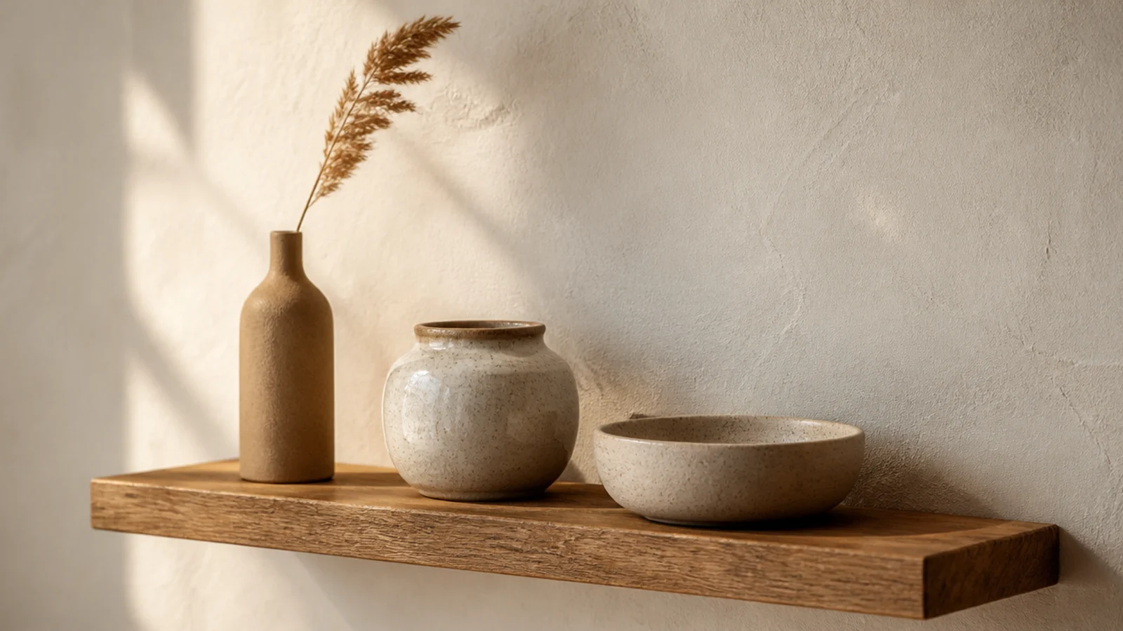 objects arranged on a shelf in a descending stair of three clear heights