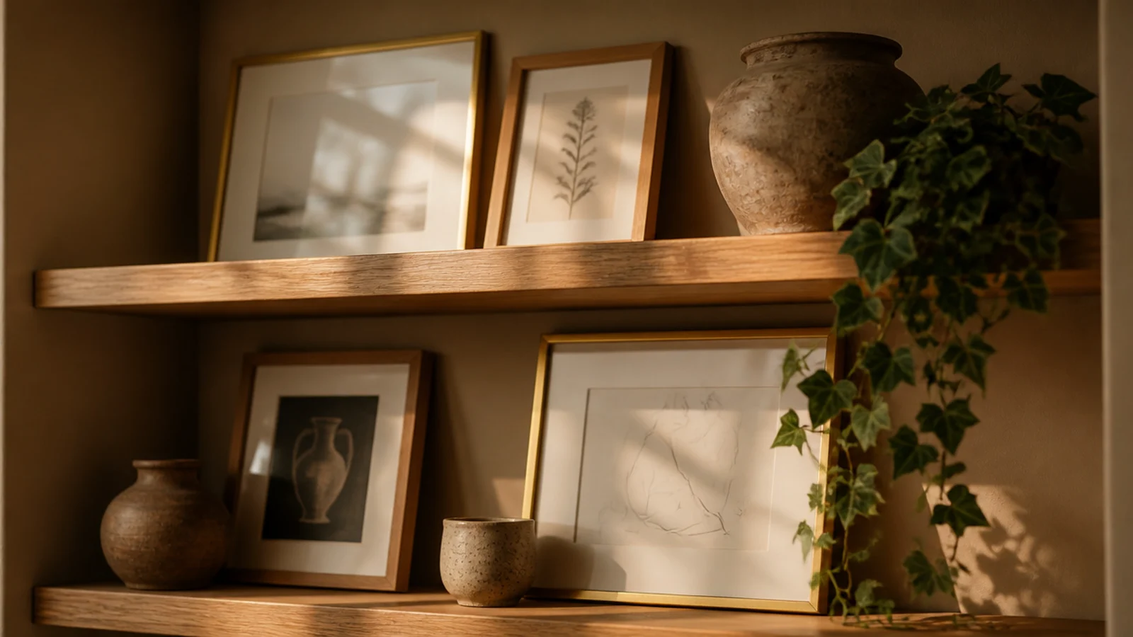framed prints leaning at the back of shelves behind pottery and plants