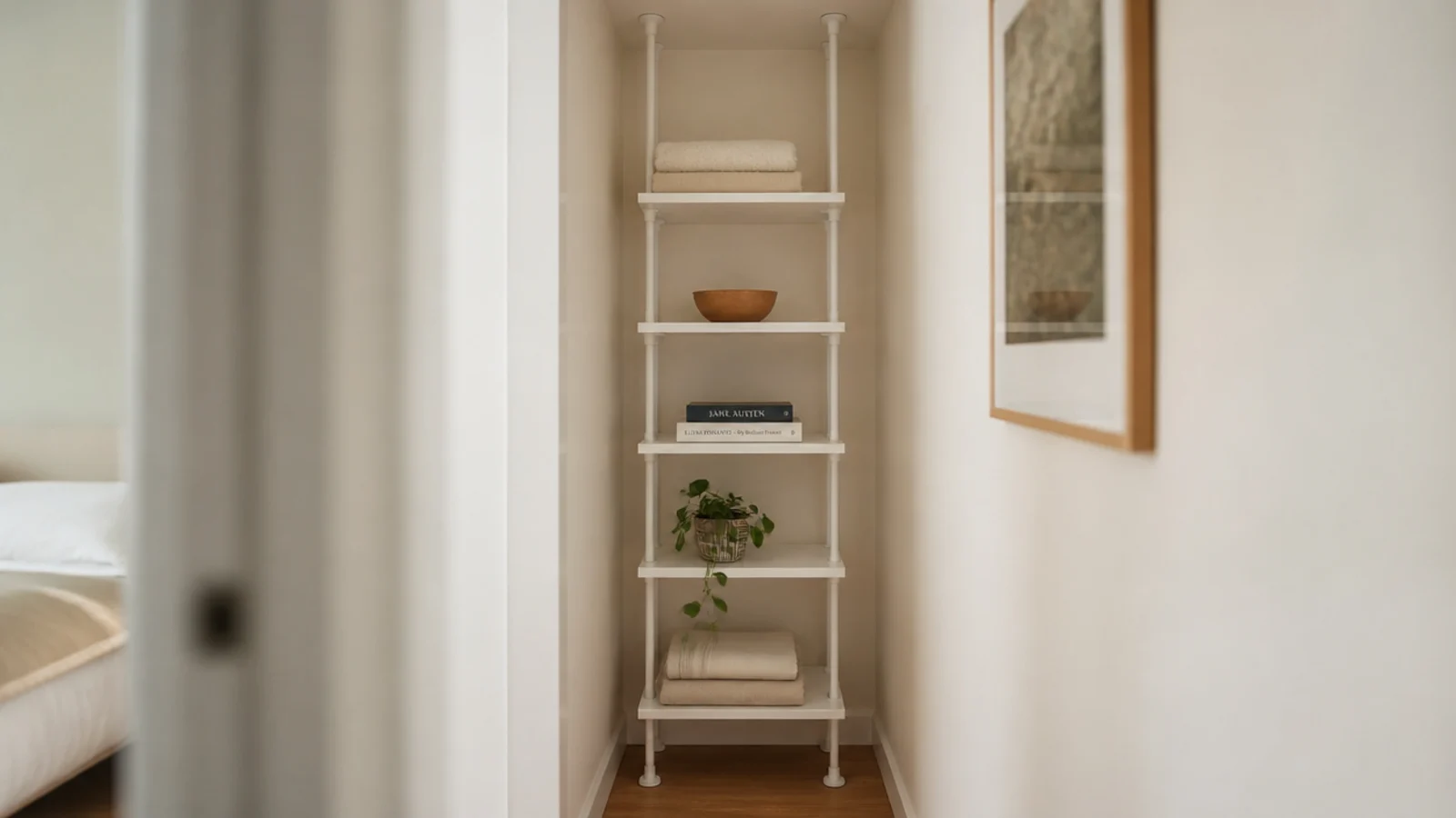 slim tension pole shelving unit wedged in a rental alcove holding pottery