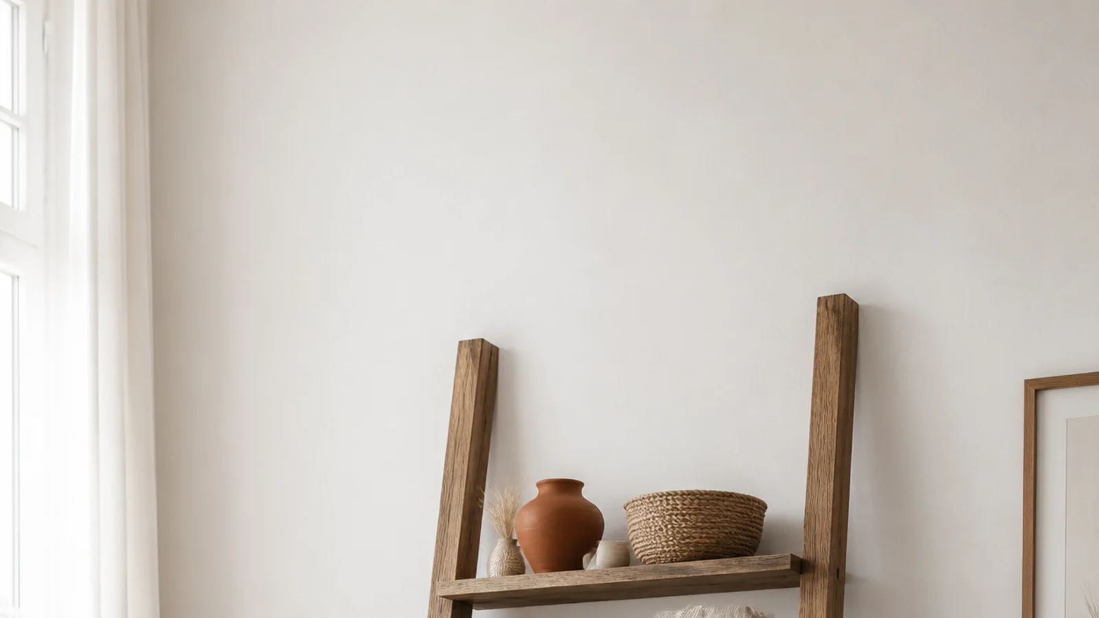 vertical rental bookshelf styled with no books using baskets plants and pottery