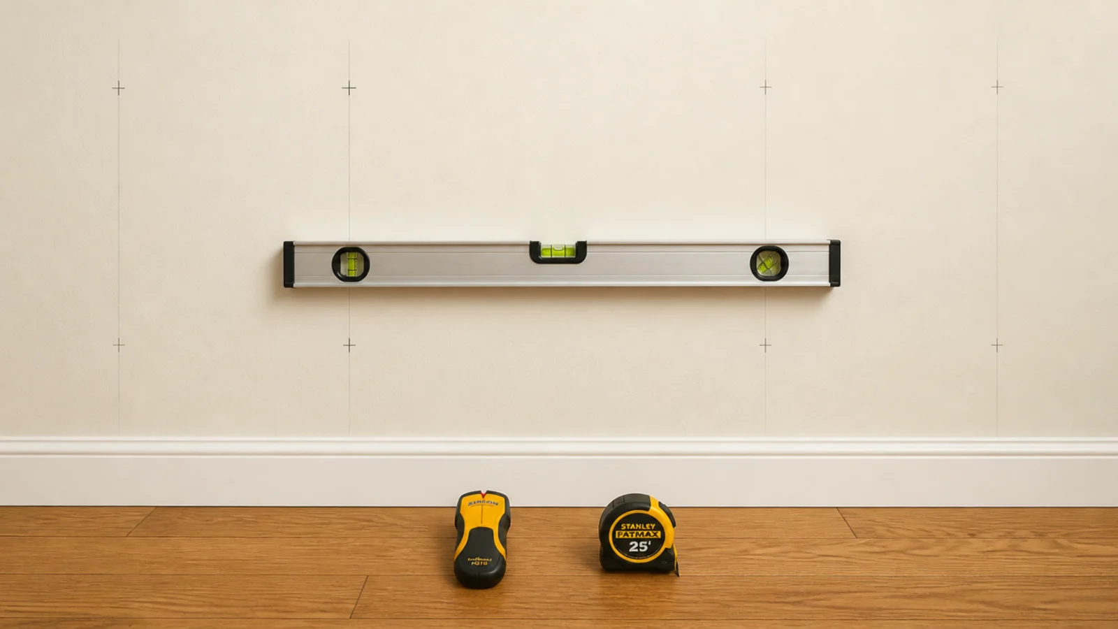 bare wall marked with pencil lines and a level before shelving goes up