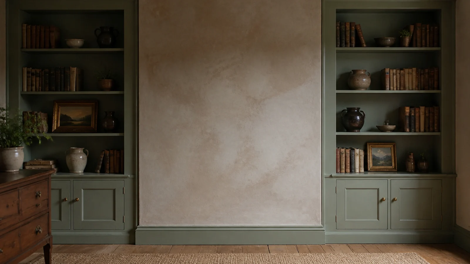 matching alcove shelving either side of a chimney breast holding books