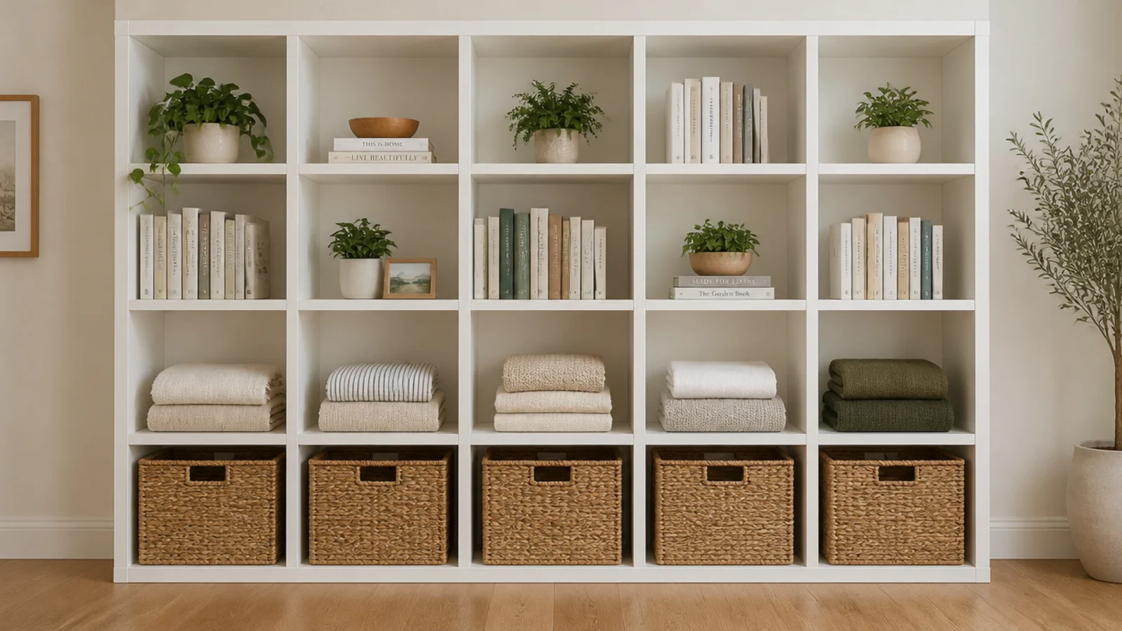 wall of storage cubes with woven baskets filling the lowest row