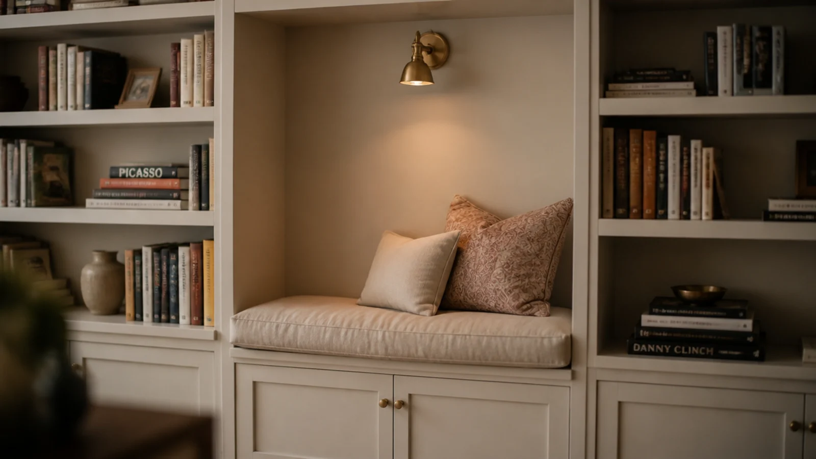 reading nook recessed into a wall of bookshelves with a padded seat