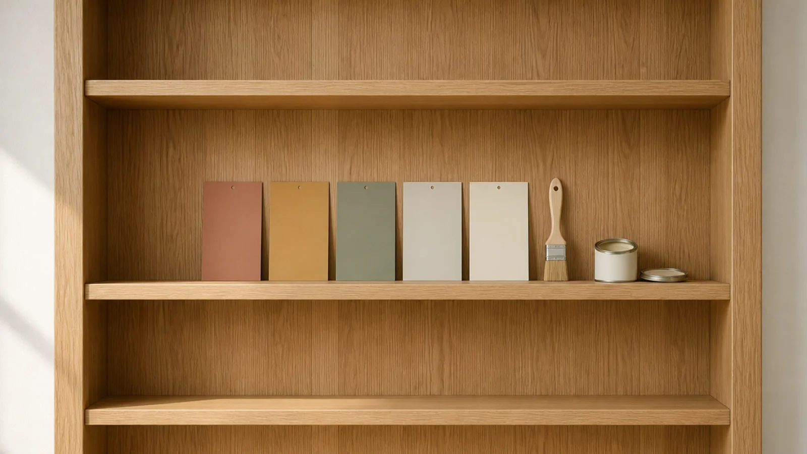 paint sample cards in clay and sage tones laid across an empty oak shelf
