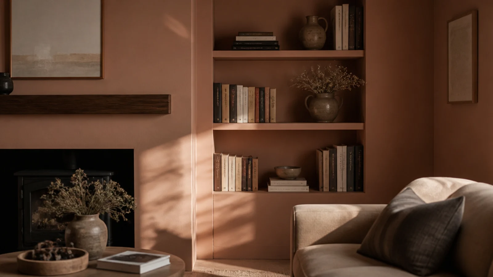 bookcase and wall painted the same warm clay tone reading as architecture