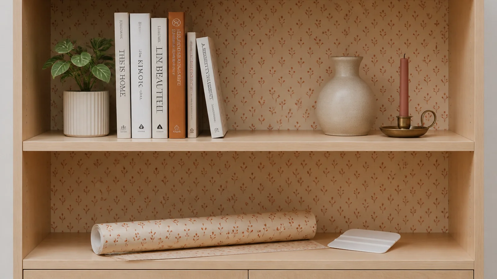 peel and stick patterned paper lining the back of a rental bookcase