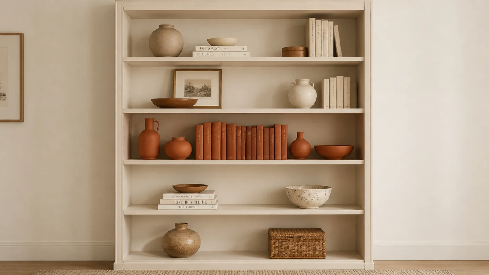 single shelf of matched clay colored objects among otherwise neutral shelves