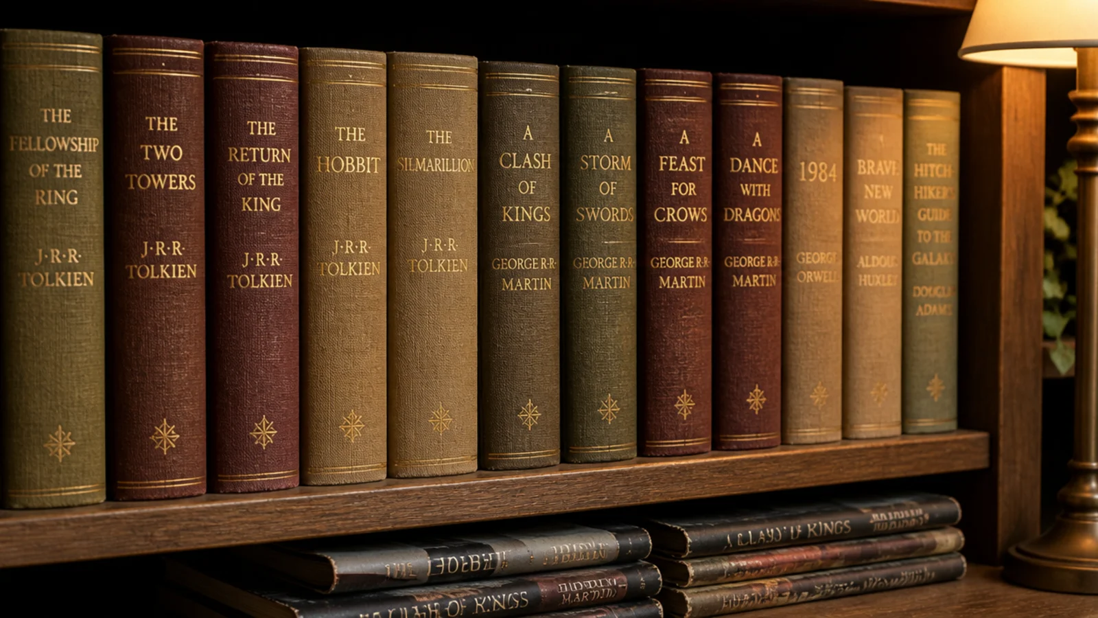 cloth bound hardbacks with jackets removed showing muted spine colors