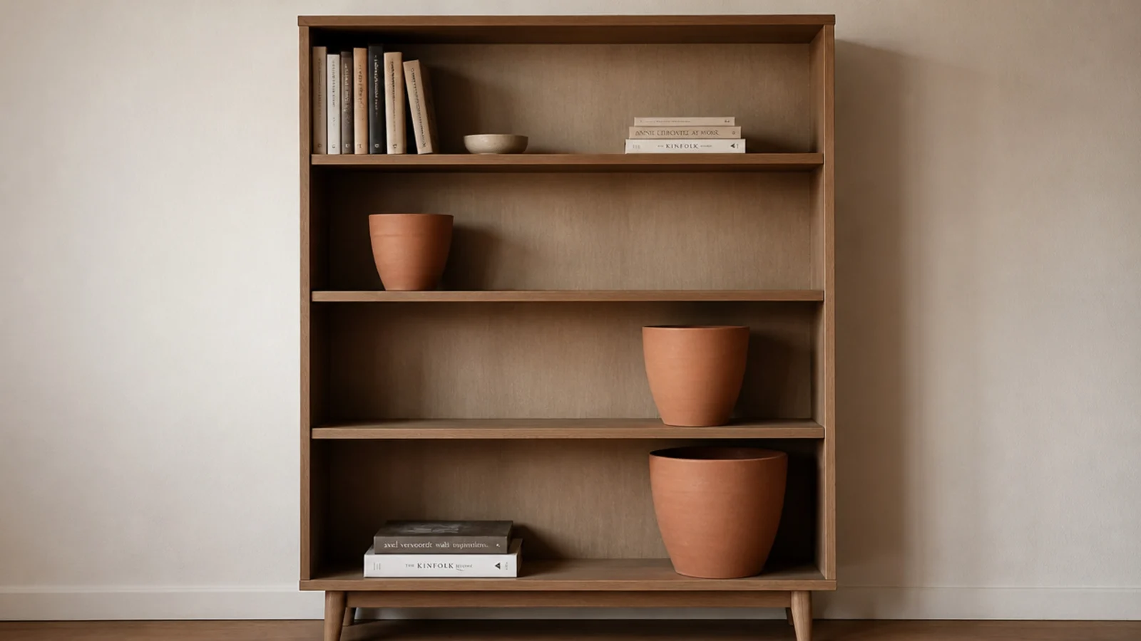 three unglazed terracotta pots repeating across different shelves of a case